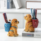 Blue Backpack Charming Golden Retriever Puppy Pen Holder - Resin Desktop Organizer & Decorative Figurine - Front View