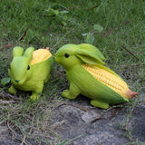 Green And Yellow Whimsical Resin Corn Rabbit Garden Statue - Unique Outdoor Yard Art Figurine with Decorative Sign - Front View