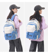Blue and White Large Capacity Student Backpack - Durable Oxford Cloth School Bag with Laptop Compartment & Multiple Pockets - Front View