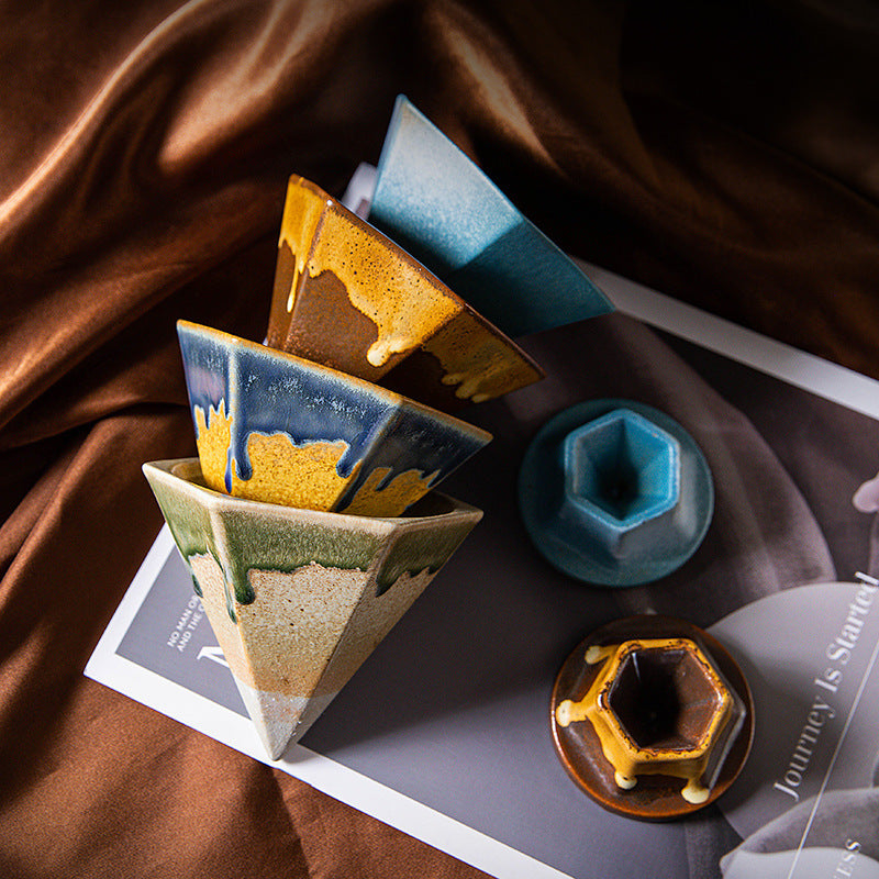 Brown and Gold Artistic Hexagonal Ceramic Coffee Cup & Stand Set - 180ml Nordic Design Drip Glaze Mug