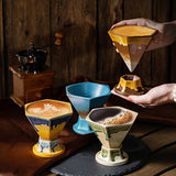 Beige and Green Artistic Hexagonal Ceramic Coffee Cup & Stand Set - 180ml Nordic Design Drip Glaze Mug - Front View
