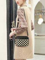 Black Stylish Checkerboard Crossbody Camera Bag - PU Leather with Adjustable Wide Strap