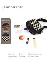 Black Stylish Checkerboard Crossbody Camera Bag - PU Leather with Adjustable Wide Strap
