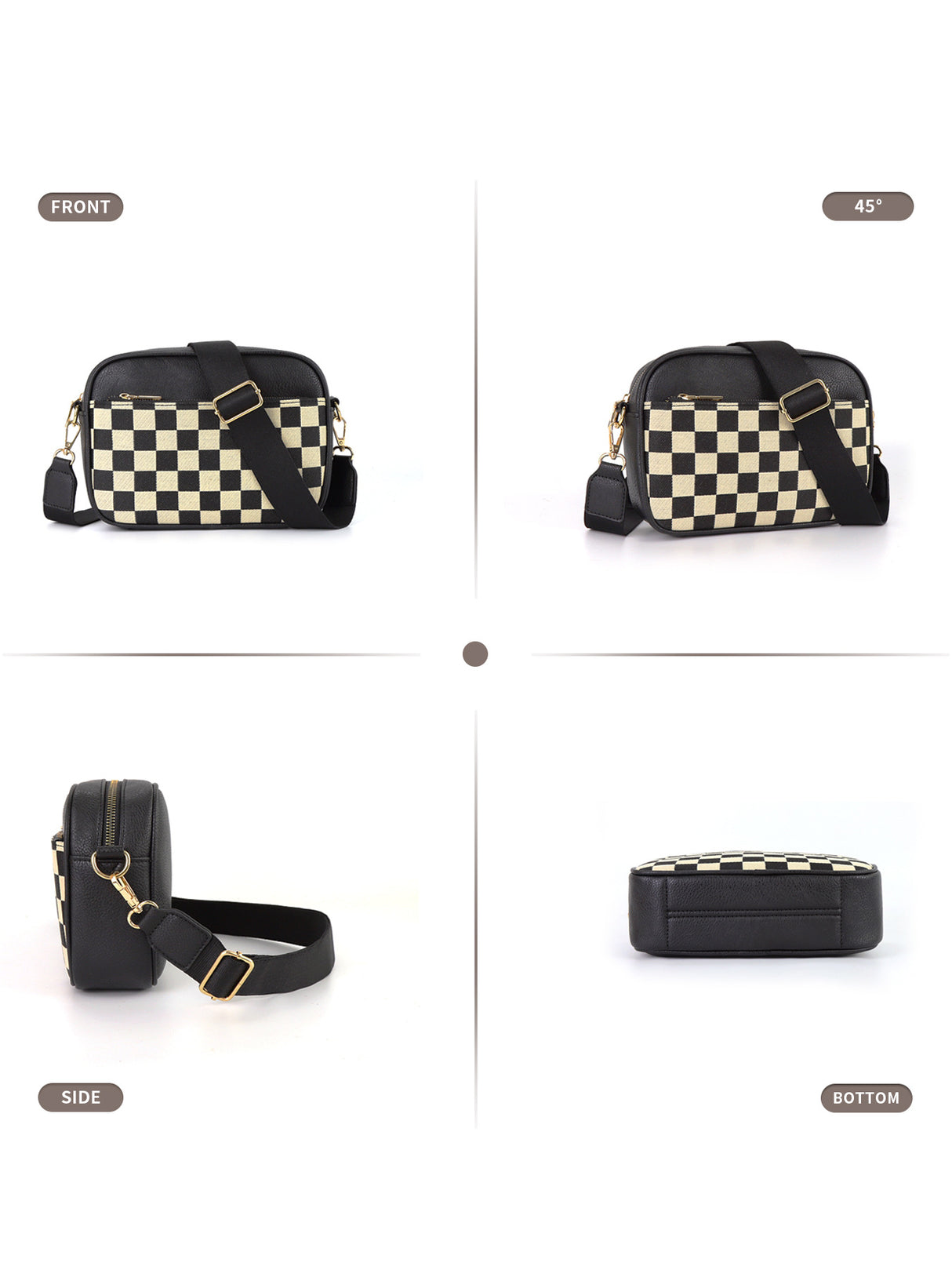 Black Stylish Checkerboard Crossbody Camera Bag - PU Leather with Adjustable Wide Strap