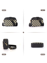 Black Stylish Checkerboard Crossbody Camera Bag - PU Leather with Adjustable Wide Strap - 45-Degree Angle