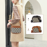 Brown Stylish Checkerboard Crossbody Camera Bag - PU Leather with Adjustable Wide Strap - Front View