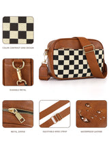 Brown Stylish Checkerboard Crossbody Camera Bag - PU Leather with Adjustable Wide Strap - Side View