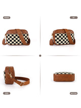 Brown Stylish Checkerboard Crossbody Camera Bag - PU Leather with Adjustable Wide Strap - 45-Degree Angle