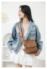 Coffee Stylish PU Leather Sling Crossbody Bag for Women - Multi-Pocket Chest Pack with Adjustable Wide Strap - Rear View