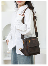 Coffee Stylish PU Leather Sling Crossbody Bag for Women - Multi-Pocket Chest Pack with Adjustable Wide Strap - Low Angle