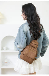 Khaki Stylish PU Leather Sling Crossbody Bag for Women - Multi-Pocket Chest Pack with Adjustable Wide Strap