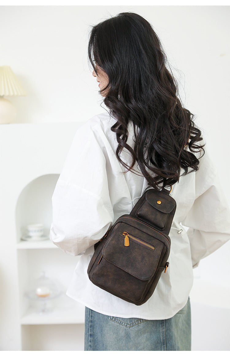 Khaki Stylish PU Leather Sling Crossbody Bag for Women - Multi-Pocket Chest Pack with Adjustable Wide Strap