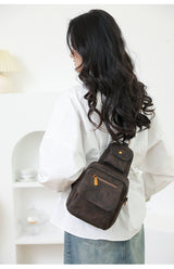 Khaki Stylish PU Leather Sling Crossbody Bag for Women - Multi-Pocket Chest Pack with Adjustable Wide Strap - Rear View