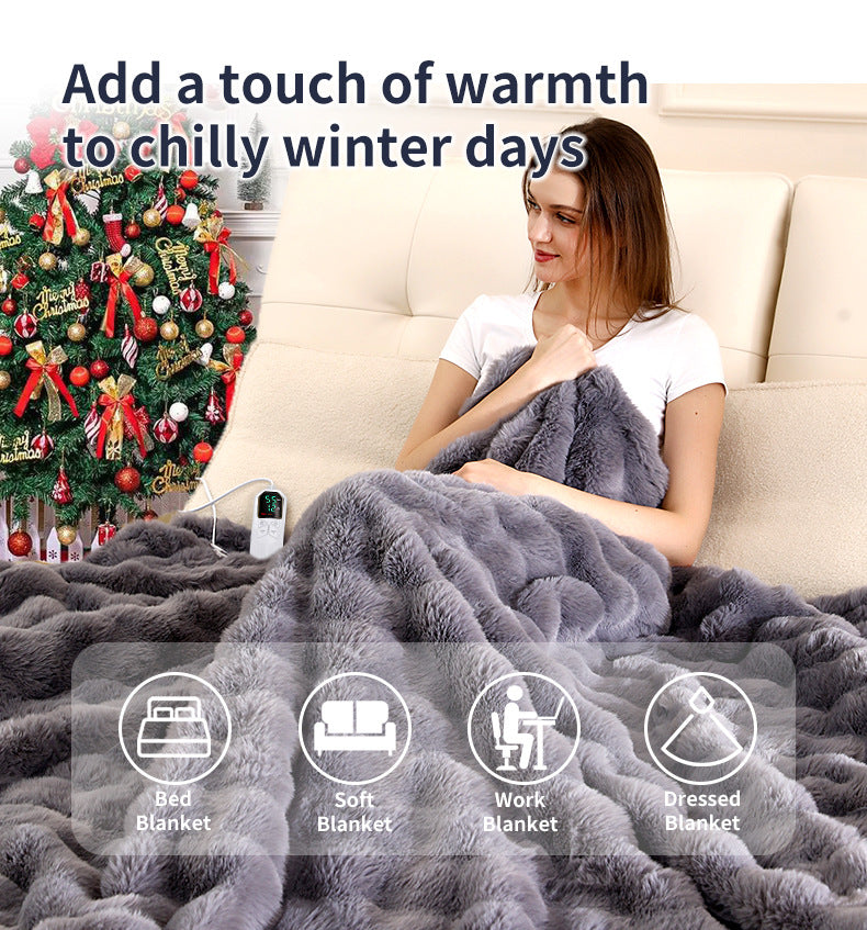140*80CM Grey Luxurious Faux Rabbit Fur Electric Heated Throw Blanket - Cozy Warmer with 9 Heat Settings & Timer (AU Plug)