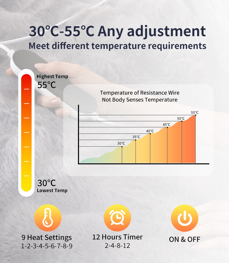 140*80CM Grey Luxurious Faux Rabbit Fur Electric Heated Throw Blanket - Cozy Warmer with 9 Heat Settings & Timer (AU Plug)