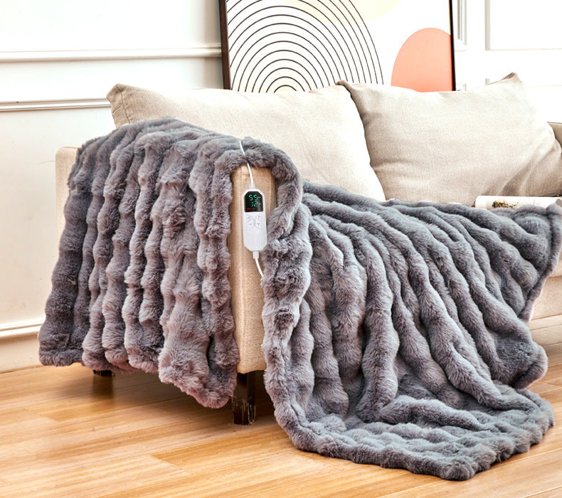 127*152CM Grey Luxurious Faux Rabbit Fur Electric Heated Throw Blanket - Cozy Warmer with 9 Heat Settings & Timer (AU Plug)