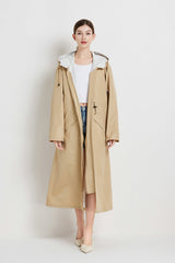 Size M Khaki Women's Chic Lightweight Waterproof Raincoat - Long Hooded Packable Rain Jacket with Pouch - Front View