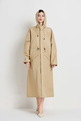 Size M Khaki Women's Chic Lightweight Waterproof Raincoat - Long Hooded Packable Rain Jacket with Pouch - Side View