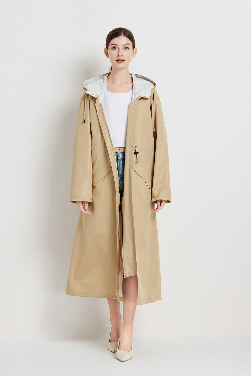 Size L Khaki Women's Chic Lightweight Waterproof Raincoat - Long Hooded Packable Rain Jacket with Pouch