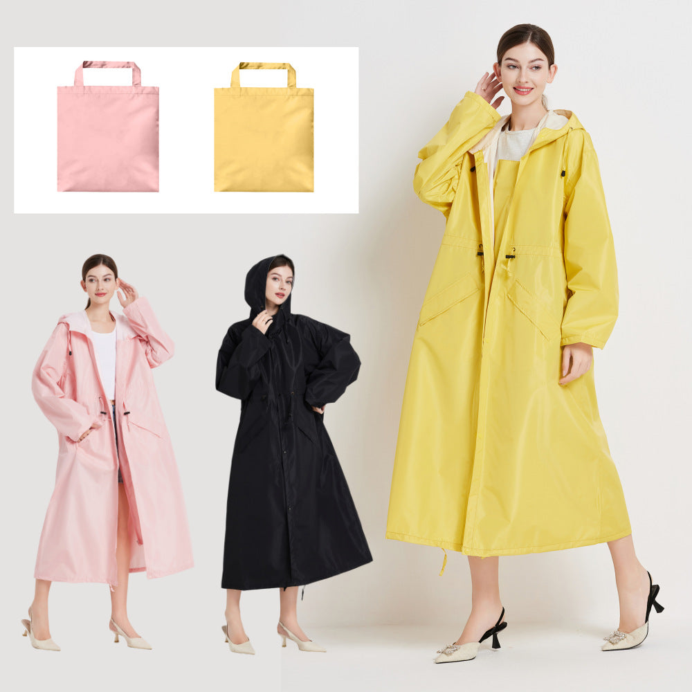 Size L Khaki Women's Chic Lightweight Waterproof Raincoat - Long Hooded Packable Rain Jacket with Pouch