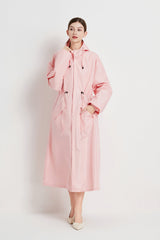 Size M Pink Women's Chic Lightweight Waterproof Raincoat - Long Hooded Packable Rain Jacket with Pouch - Front View