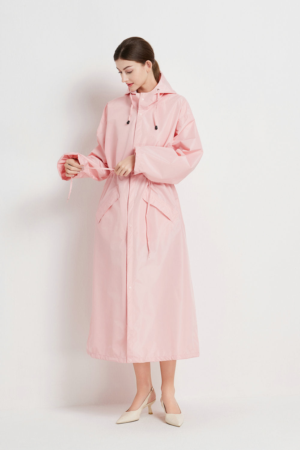 Size M Pink Women's Chic Lightweight Waterproof Raincoat - Long Hooded Packable Rain Jacket with Pouch