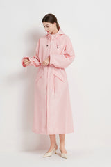 Size M Pink Women's Chic Lightweight Waterproof Raincoat - Long Hooded Packable Rain Jacket with Pouch - Side View