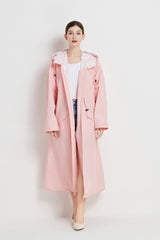 Size M Pink Women's Chic Lightweight Waterproof Raincoat - Long Hooded Packable Rain Jacket with Pouch - Top-Down View
