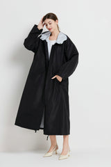 Size M Black Women's Chic Lightweight Waterproof Raincoat - Long Hooded Packable Rain Jacket with Pouch - Side View