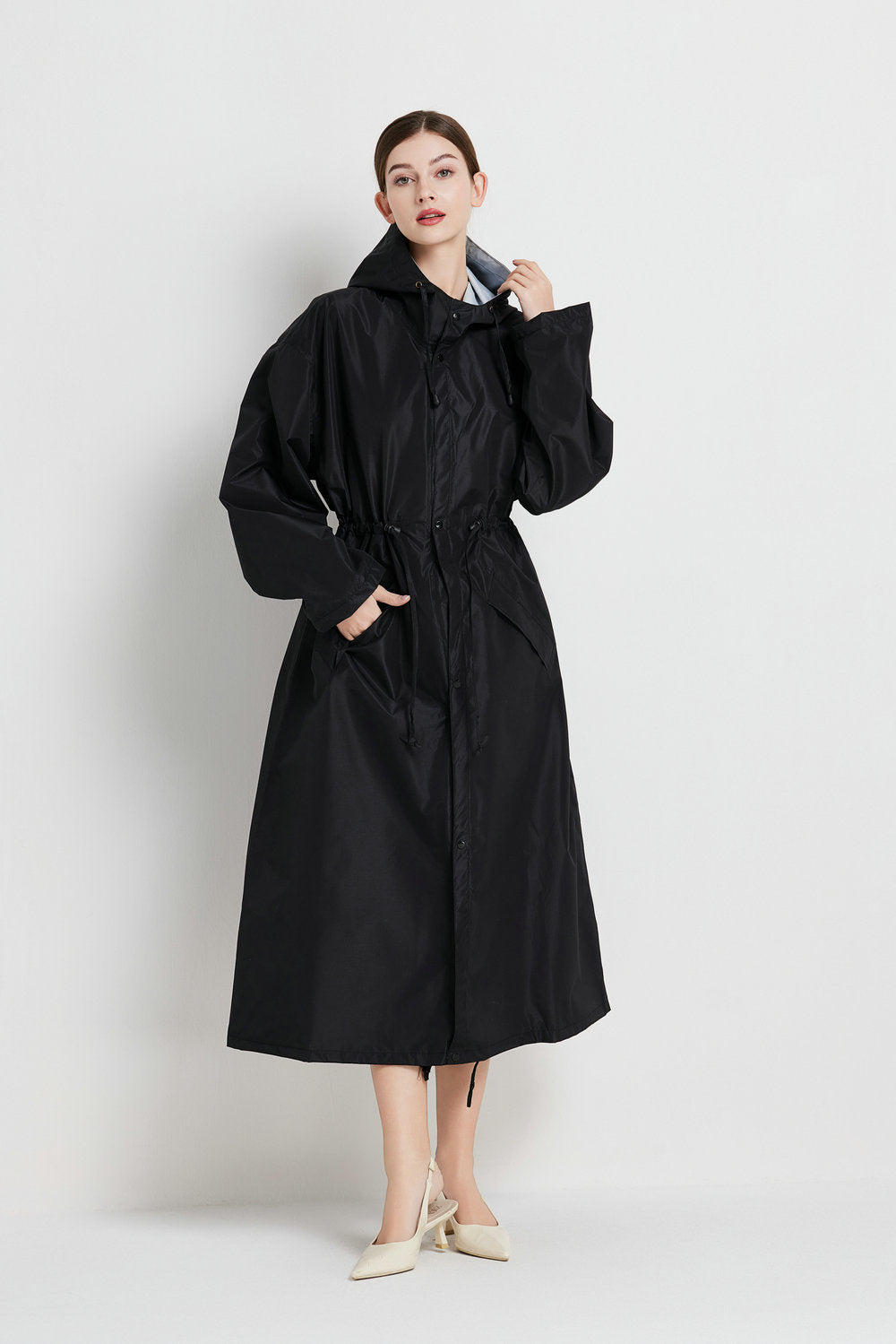 Size L Black Women's Chic Lightweight Waterproof Raincoat - Long Hooded Packable Rain Jacket with Pouch
