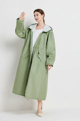 Size M Green Women's Chic Lightweight Waterproof Raincoat - Long Hooded Packable Rain Jacket with Pouch - Front View