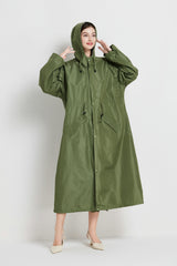 Size M Green Women's Chic Lightweight Waterproof Raincoat - Long Hooded Packable Rain Jacket with Pouch - Side View