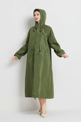 Size M Green Women's Chic Lightweight Waterproof Raincoat - Long Hooded Packable Rain Jacket with Pouch - Top-Down View