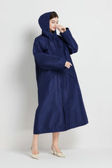 Size XL Dark Blue Women's Chic Lightweight Waterproof Raincoat - Long Hooded Packable Rain Jacket with Pouch - Front View