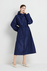 Size XL Dark Blue Women's Chic Lightweight Waterproof Raincoat - Long Hooded Packable Rain Jacket with Pouch - Side View