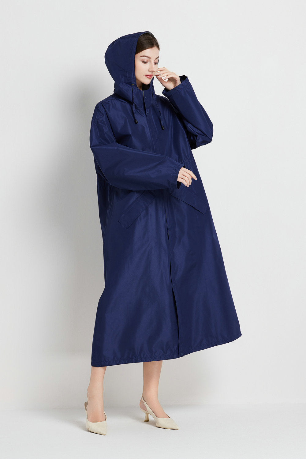 Size L Dark Blue Women's Chic Lightweight Waterproof Raincoat - Long Hooded Packable Rain Jacket with Pouch