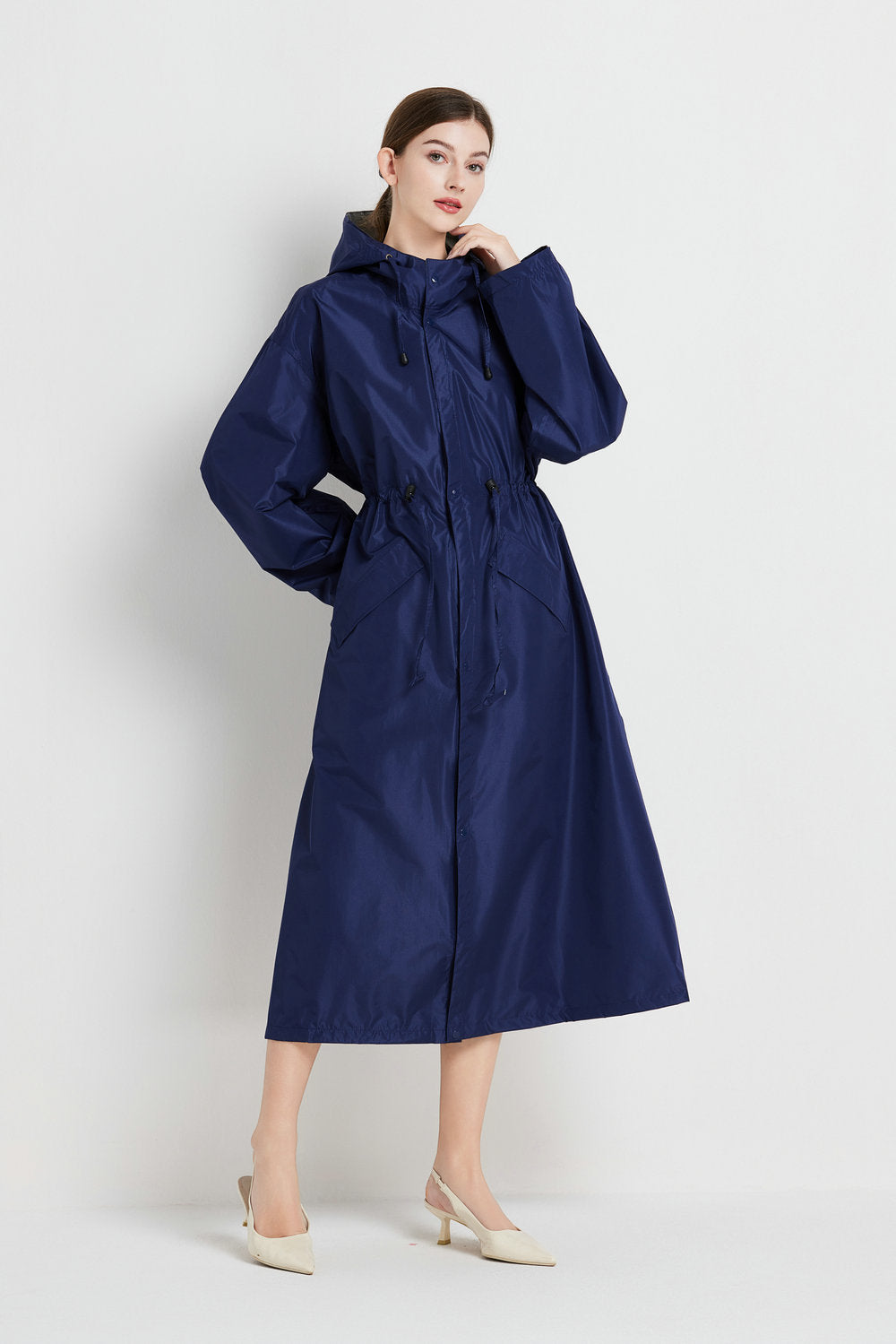 Size L Dark Blue Women's Chic Lightweight Waterproof Raincoat - Long Hooded Packable Rain Jacket with Pouch