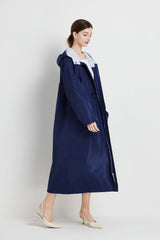Size M Dark Blue Women's Chic Lightweight Waterproof Raincoat - Long Hooded Packable Rain Jacket with Pouch - 45-Degree Angle