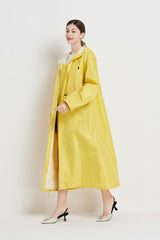 Size M Yellow Women's Chic Lightweight Waterproof Raincoat - Long Hooded Packable Rain Jacket with Pouch - Top-Down View