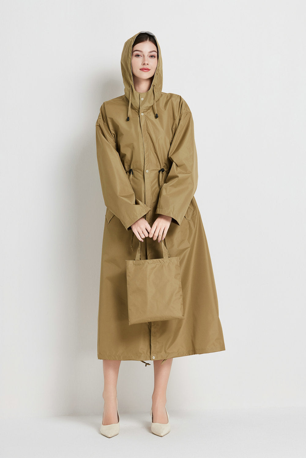 Size M Brown Women's Chic Lightweight Waterproof Raincoat - Long Hooded Packable Rain Jacket with Pouch