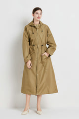 Size M Brown Women's Chic Lightweight Waterproof Raincoat - Long Hooded Packable Rain Jacket with Pouch - Front View