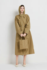 Size L Brown Women's Chic Lightweight Waterproof Raincoat - Long Hooded Packable Rain Jacket with Pouch