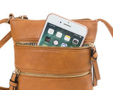 Brown Compact Women's Crossbody Bag - Adjustable Strap, Double Zipper Closure, 18x21cm Lightweight PU Leather Shoulder Bag - Close-Up Angle