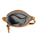 Brown and White Compact Women's Crossbody Bag - Adjustable Strap, Double Zipper Closure, 18x21cm Lightweight PU Leather Shoulder Bag - Top-Down View