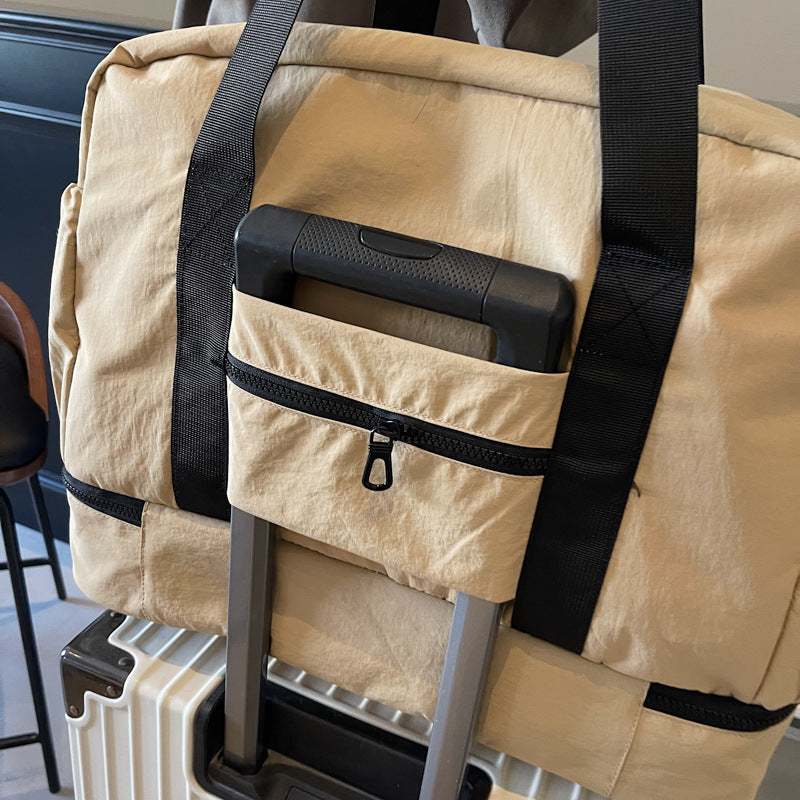 Beige and Black Large Capacity Travel Bag with Wet/Dry Separation - Canvas + Polyester, Lightweight Handbag for Short Trips and Fitness, Fits on