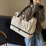 Beige and Black Large Capacity Travel Bag with Wet/Dry Separation - Canvas + Polyester, Lightweight Handbag for Short Trips and Fitness, Fits on Luggage - Rear View