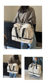 Green and Black Large Capacity Travel Bag with Wet/Dry Separation - Canvas + Polyester, Lightweight Handbag for Short Trips and Fitness, Fits on Luggage - Side View