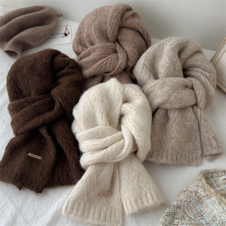 Black Alpaca Wool Blend Solid Color Knitted Scarf for Women Winter New Style Student High Quality Couple Woolen Neck Warmer