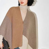Brown Pure Wool Extra Large Shawl Scarf Color Block Multi-functional Warm Cashmere Cape Poncho - Front View
