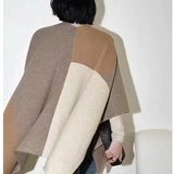 Brown Pure Wool Extra Large Shawl Scarf Color Block Multi-functional Warm Cashmere Cape Poncho - Side View